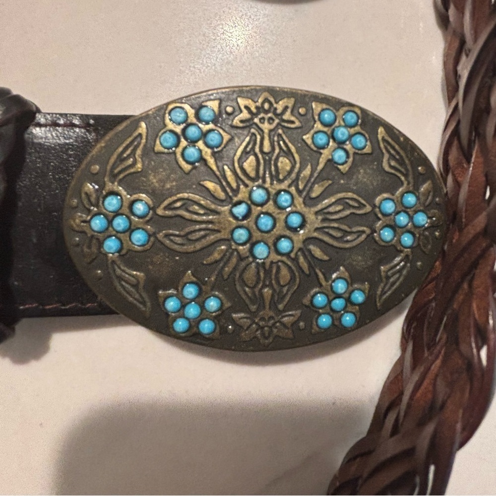 BELT Black Braided Vegan Leather Metal Oval Buckle with Blue Stones Pin Closure